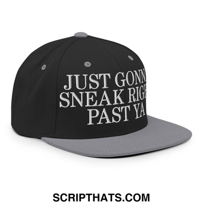 Just Gonna Sneak Right Past Ya Embroidered Flat Bill Brim Snapback Hat Black Silver