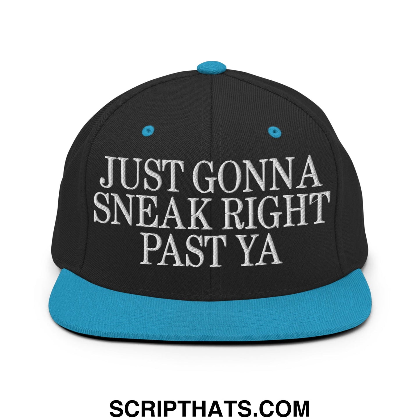 Just Gonna Sneak Right Past Ya Embroidered Flat Bill Brim Snapback Hat Black Teal
