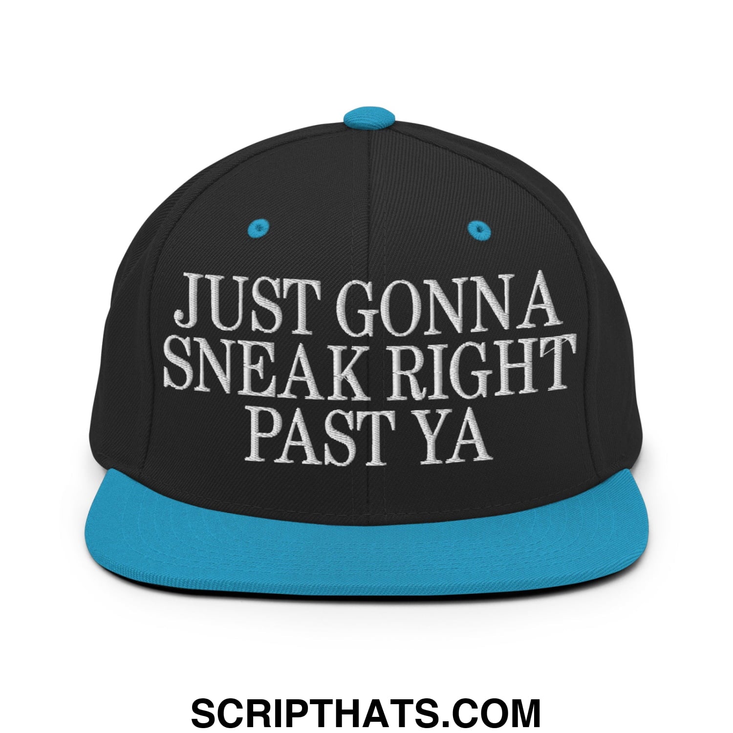 Just Gonna Sneak Right Past Ya Embroidered Flat Bill Brim Snapback Hat Black Teal