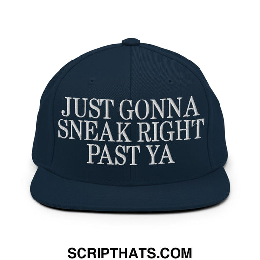 Navy blue flat bill snapback hat with white embroidered text just gonna sneak right past ya for casual wear