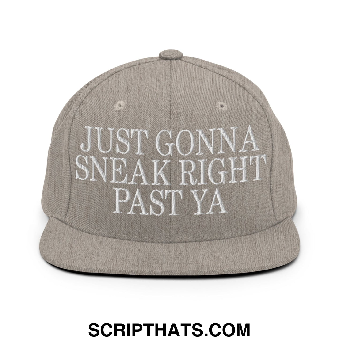 Just Gonna Sneak Right Past Ya Embroidered Flat Bill Brim Snapback Hat Heather Grey