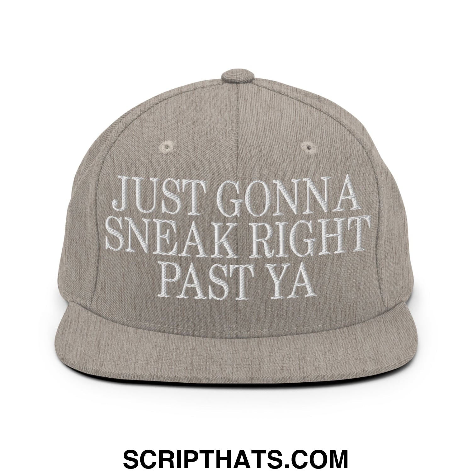 Just Gonna Sneak Right Past Ya Embroidered Flat Bill Brim Snapback Hat Heather Grey
