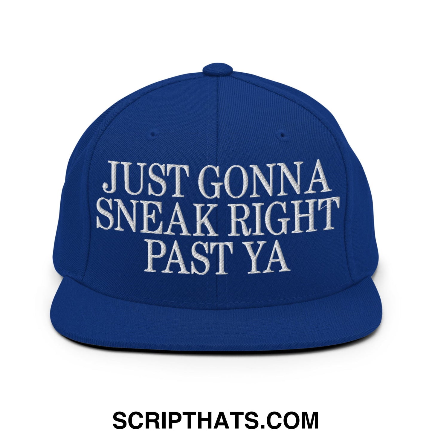 Just Gonna Sneak Right Past Ya Embroidered Flat Bill Brim Snapback Hat Royal Blue