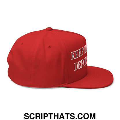 Red snapback cap with white embroidered keep me depor text side panel flat bill brim for immigrant rights