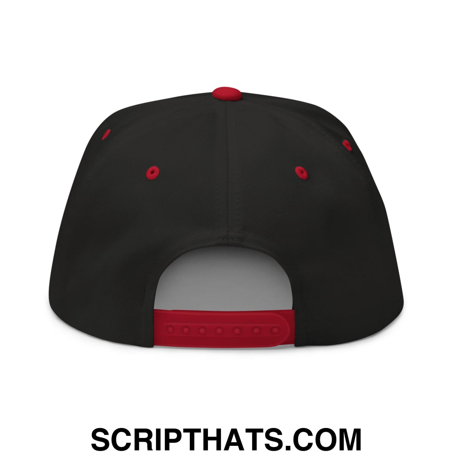 Black snapback cap with red button eyelets and strap embroidered with keep immigrants deport racists slogan