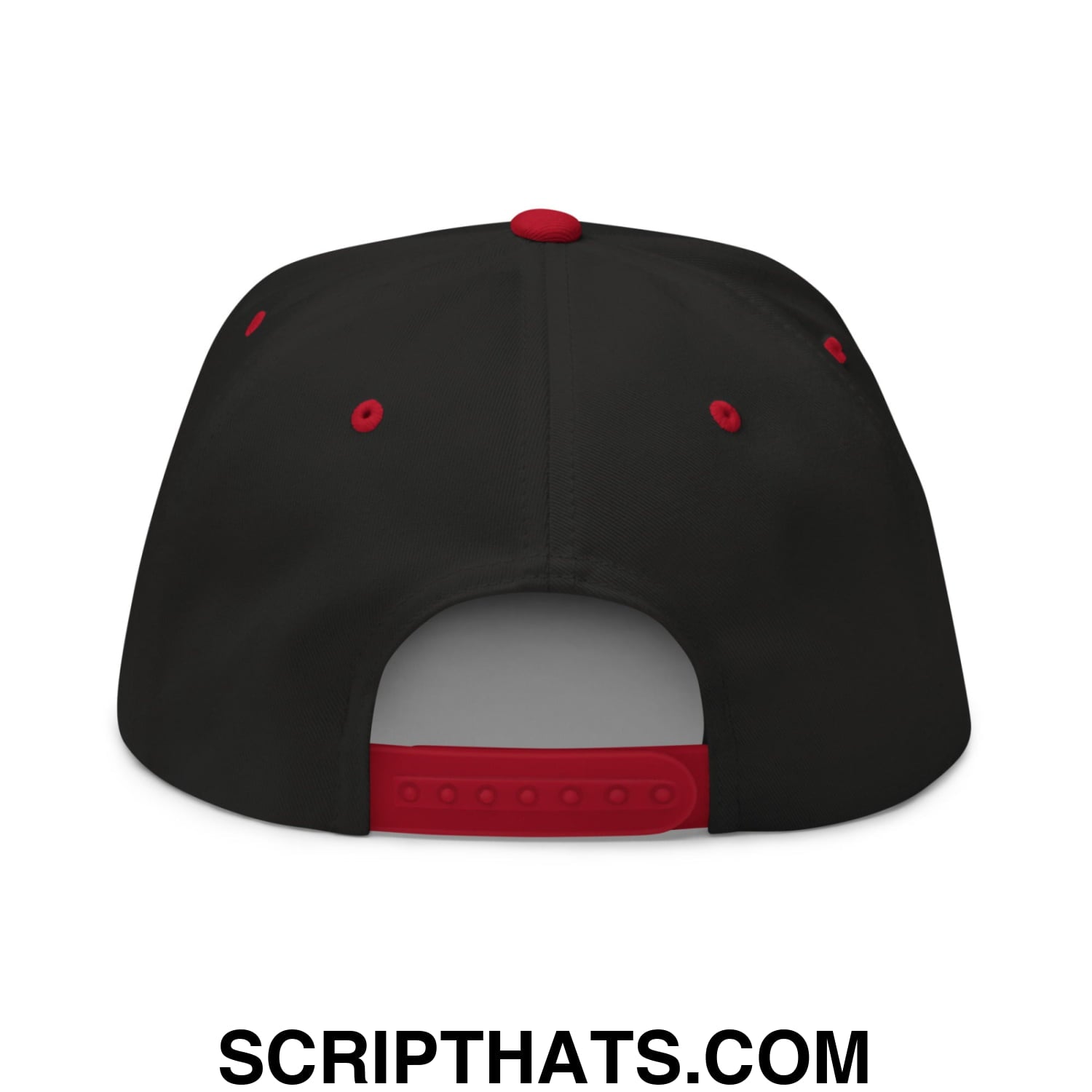 Black snapback cap with red button eyelets and strap embroidered with keep immigrants deport racists slogan