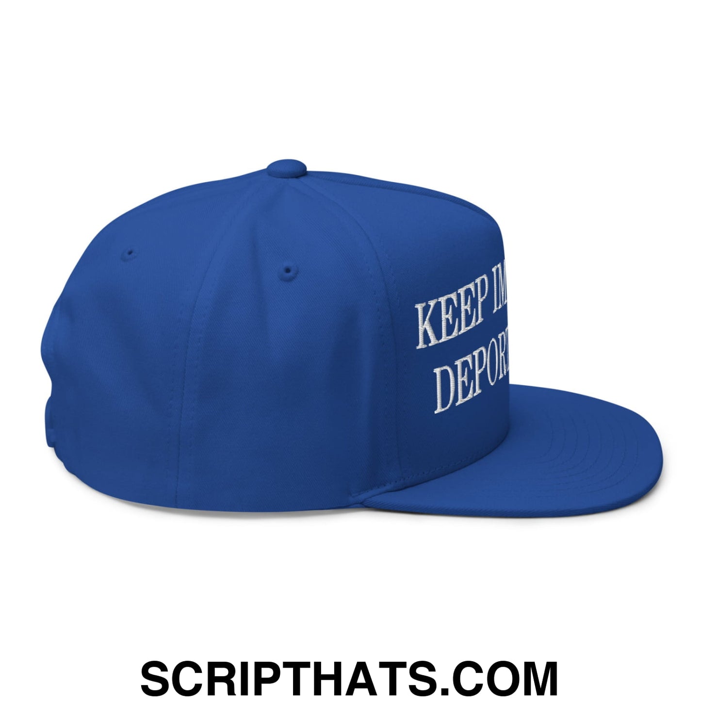 Royal blue snapback cap with white embroidered keep in depot text from Keep Immigrants Deport Racists 5 panel hat