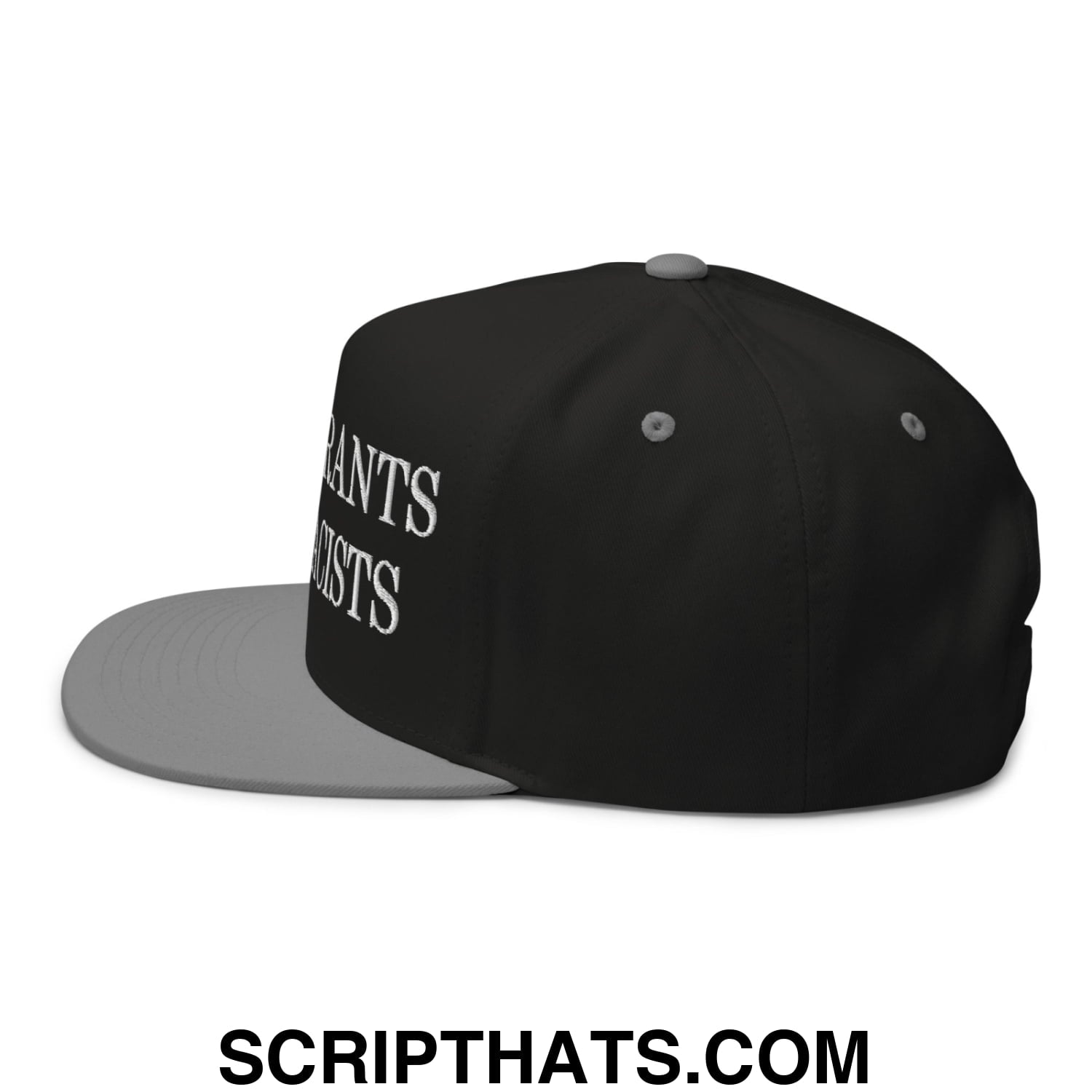 Black snapback hat with gray brim and button featuring white embroidered text keep immigrants deport racists on side
