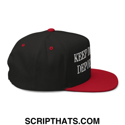 Black and red snapback hat with white embroidered keep me depor text on the side from Keep Immigrants Deport Racists collection