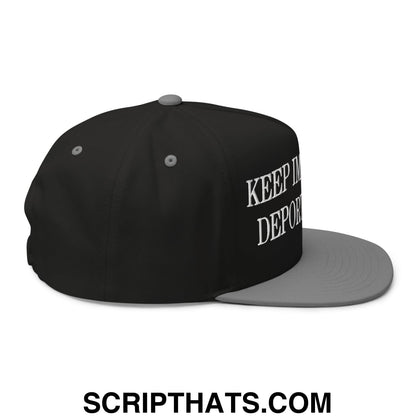 Black snapback hat with gray brim and white embroidered keep me depor text from keep immigrants deport racists series