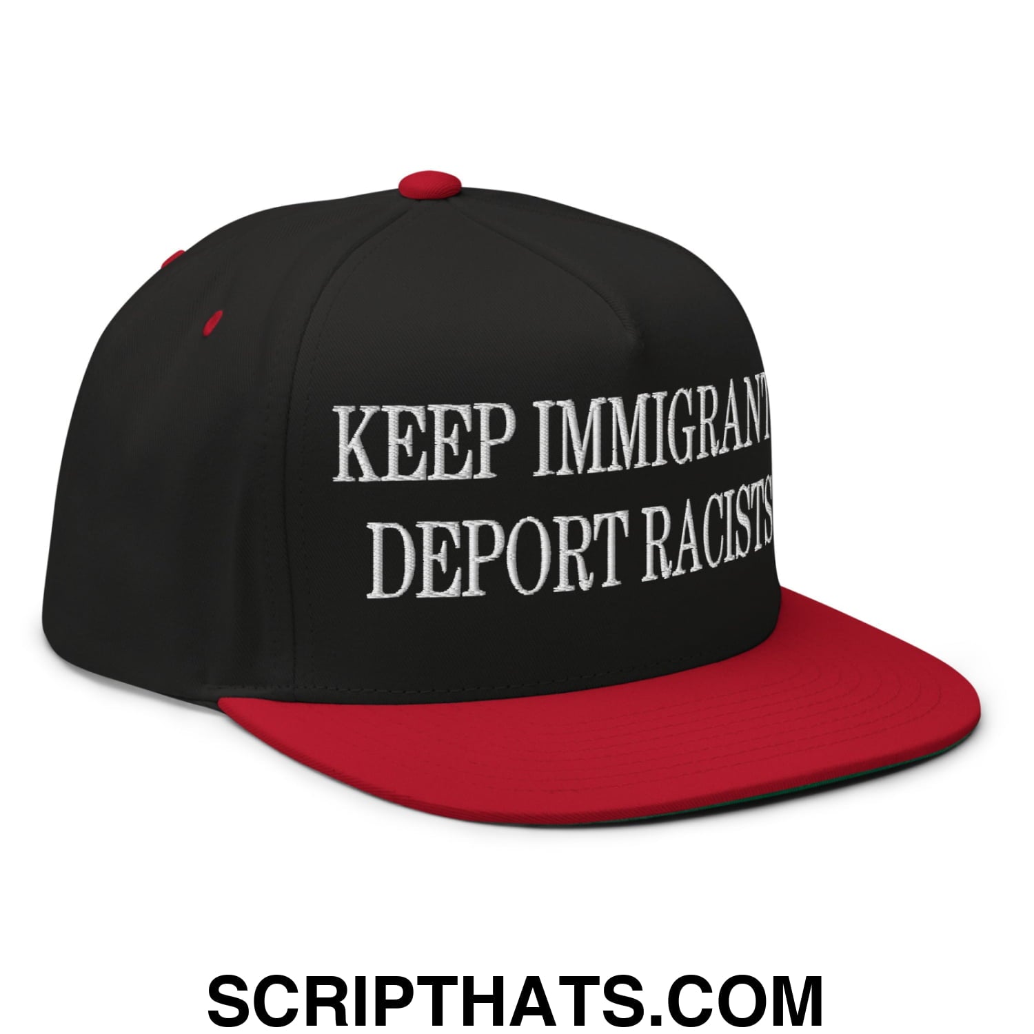 Black and red 5 panel flat bill snapback hat with white embroidered text keep immigrant deport racists