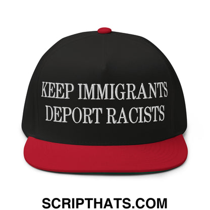 Black snapback cap with red brim and button featuring white embroidered keep immigrants deport racists text