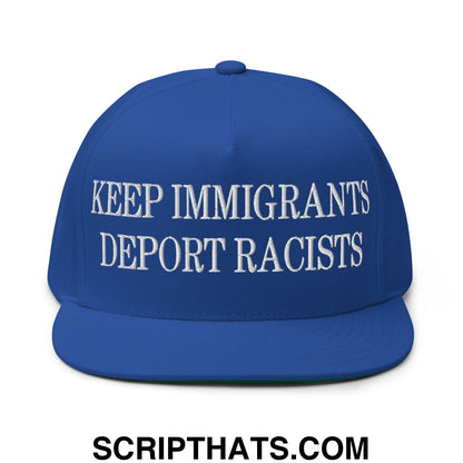 Blue snapback cap with white embroidered keep immigrants deport racists text five panel flat bill brim design