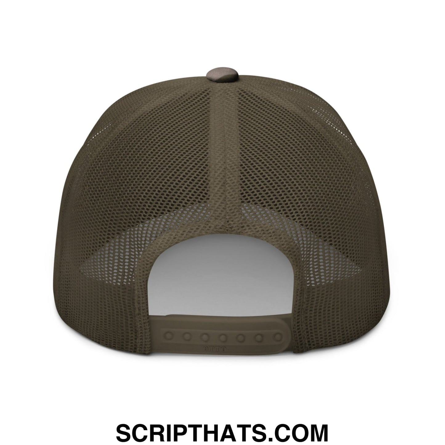 Olive green mesh trucker hat with adjustable strap and button featuring keep immigrants deport racists embroidery