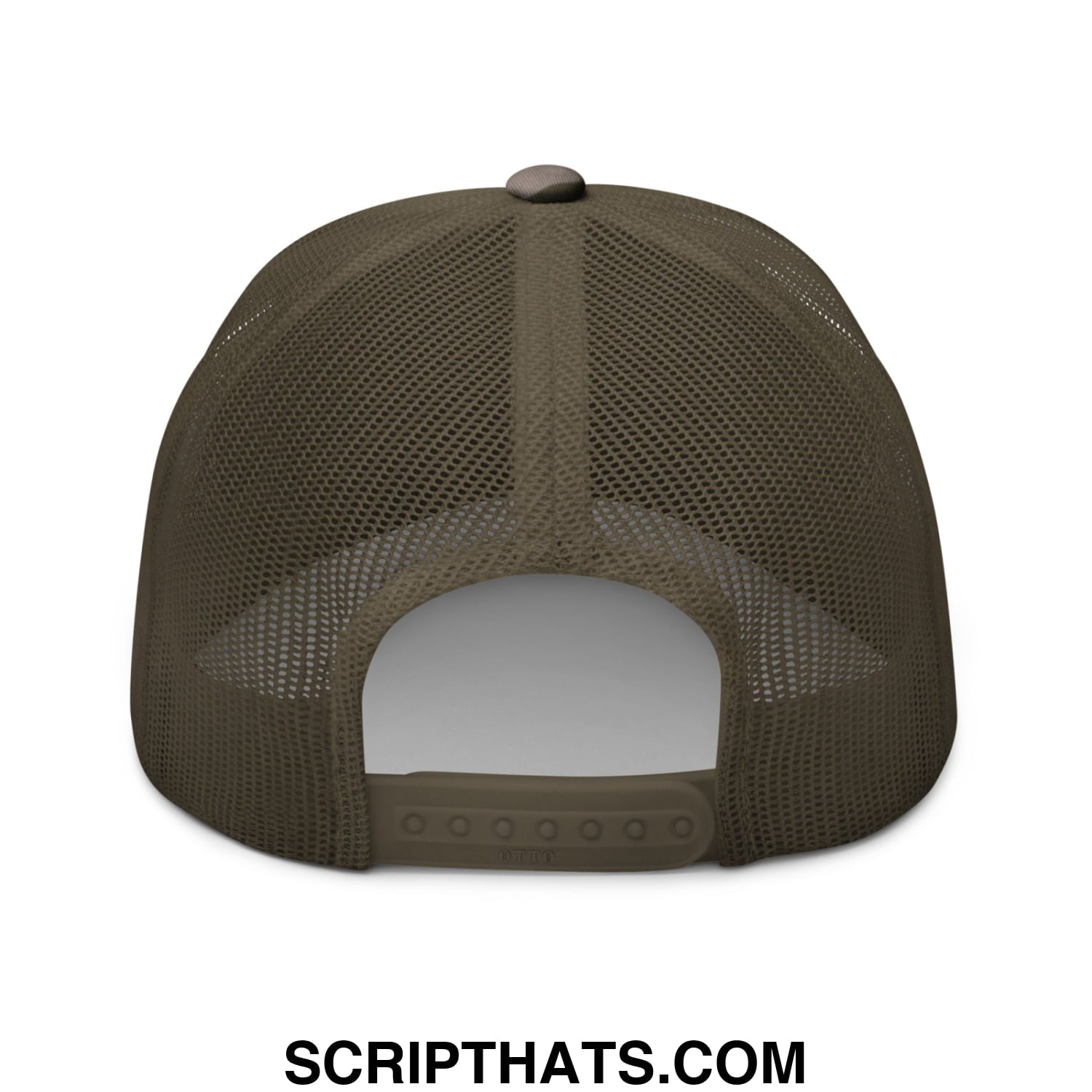 Olive green mesh trucker hat with adjustable strap and button featuring keep immigrants deport racists embroidery