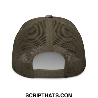 Olive green mesh trucker hat with adjustable strap and button featuring keep immigrants deport racists embroidery
