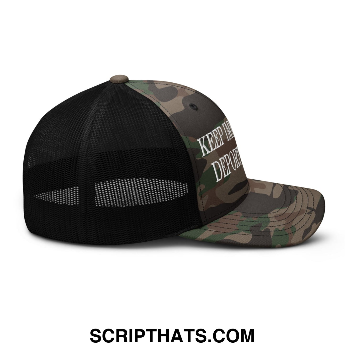 Camouflage-patterned trucker hat with black mesh back and white embroidered keep immigrants deport racists text on front