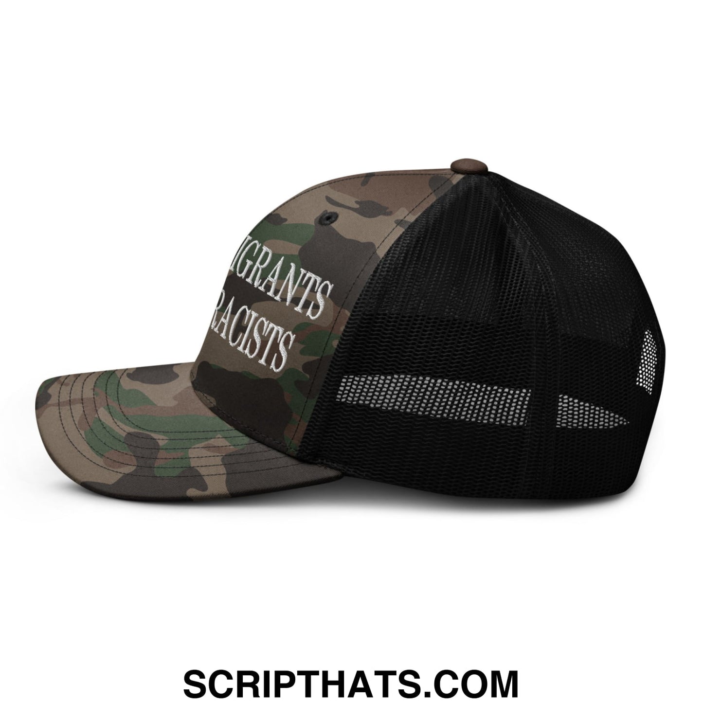 Camouflage and black mesh trucker hat with white embroidered keep immigrants deport racists text front view