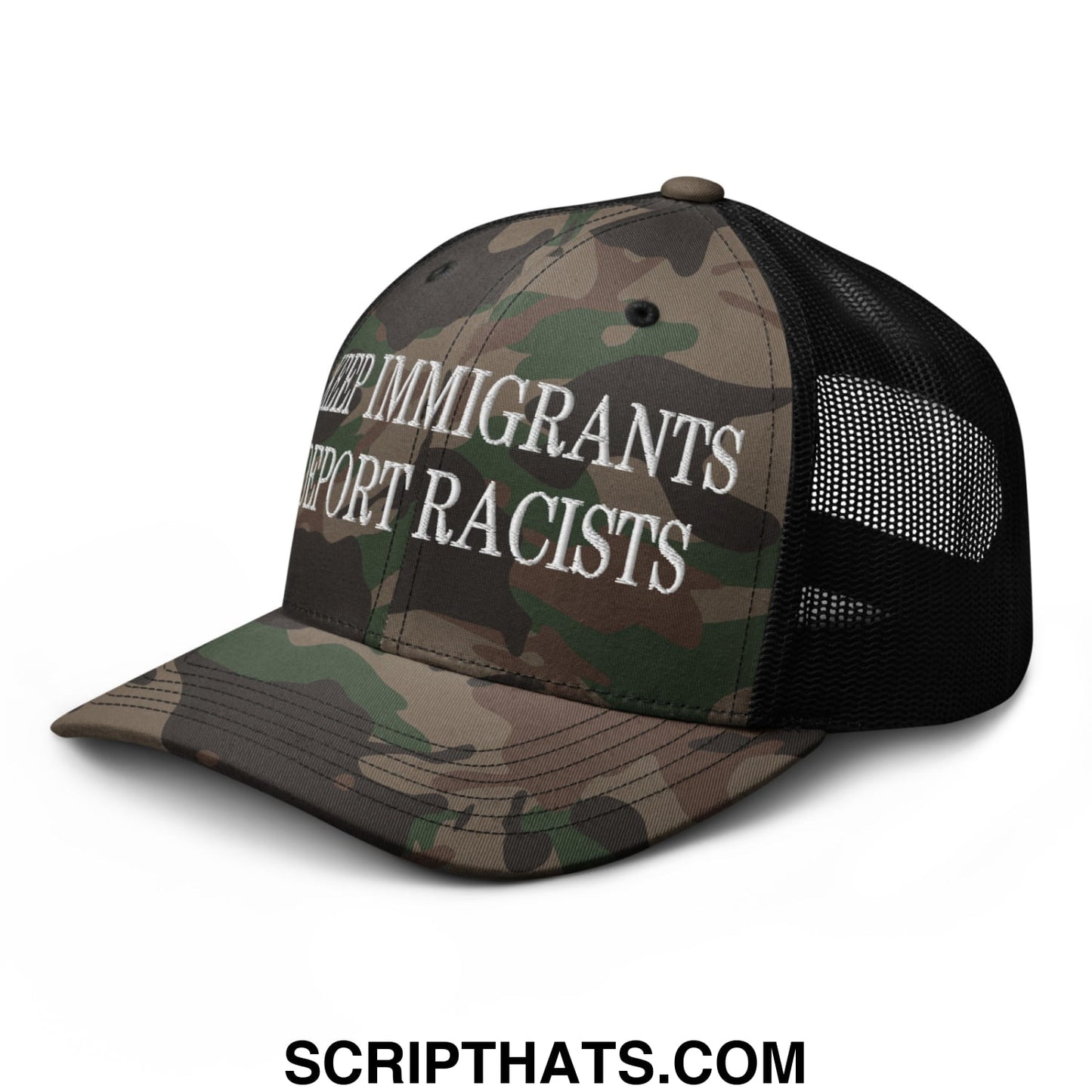 Camouflage mesh trucker hat with black back and white embroidered text keep immigrants deport racists