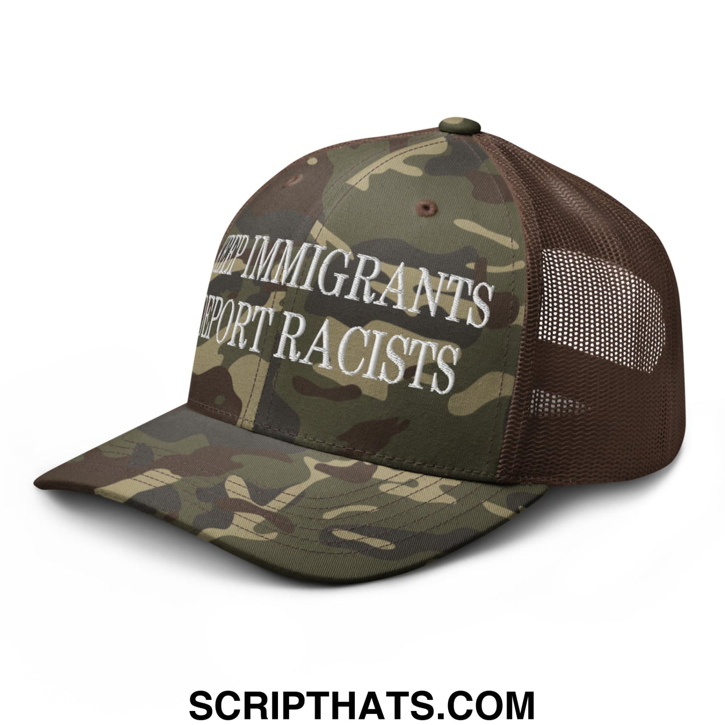 A camouflage mesh trucker hat with a brown back and white embroidered text reading keep immigrants from racists