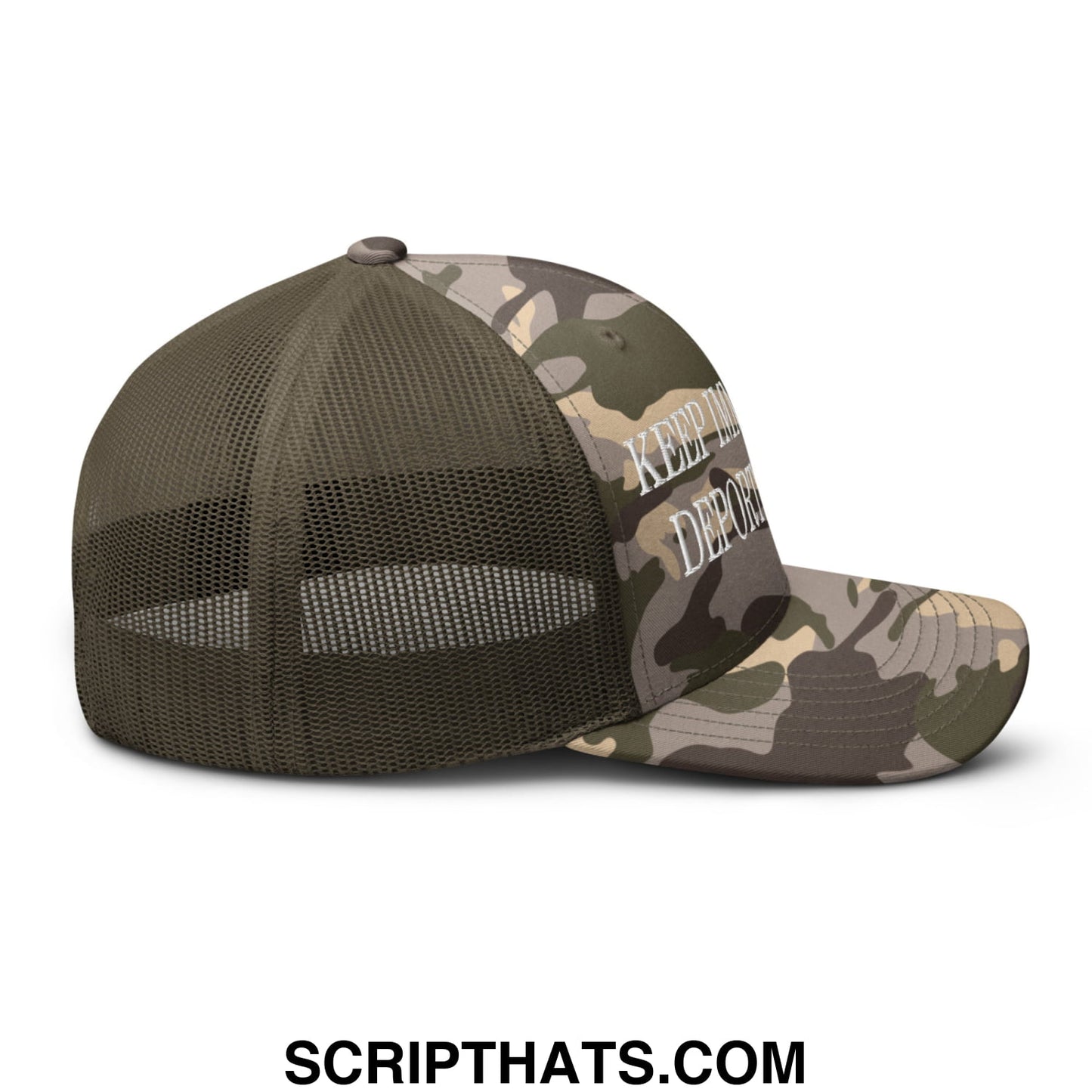 Olive and beige camouflage mesh trucker hat with white embroidered keep immigrants deport racists text on the side