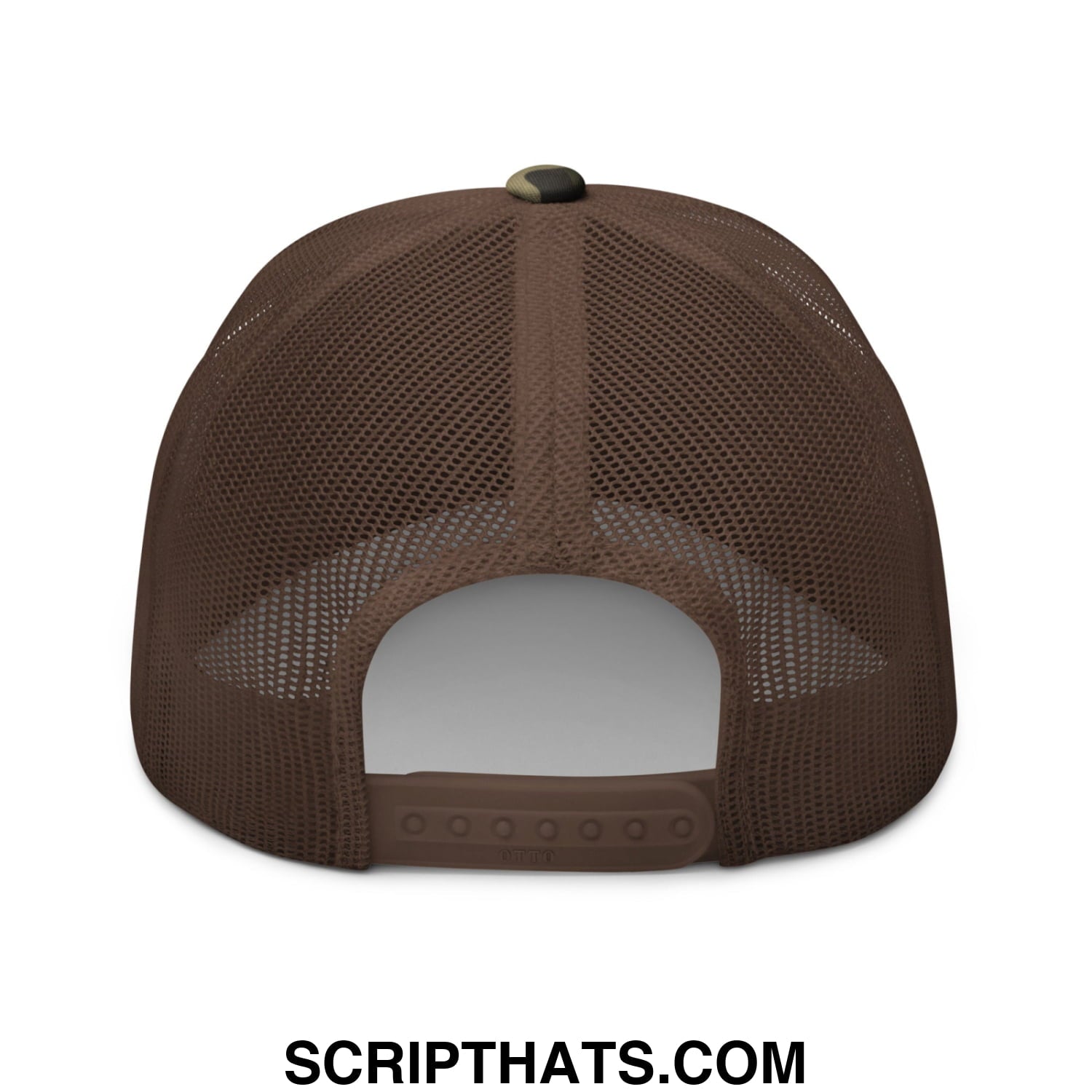 Brown mesh trucker hat with adjustable strap and camouflage button in keep immigrants deport racists design
