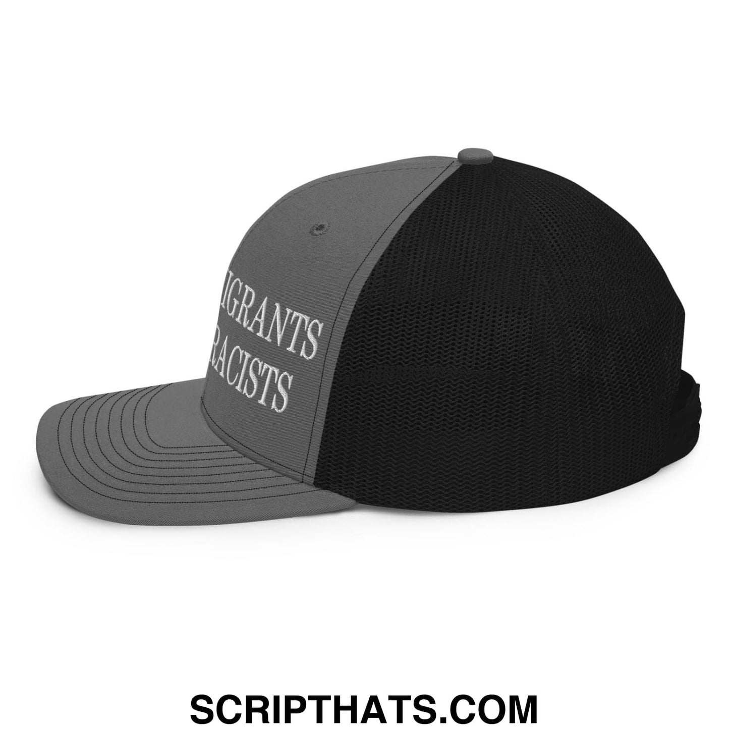 Black and gray mesh trucker hat with white embroidered migrants racists text front panel classic style