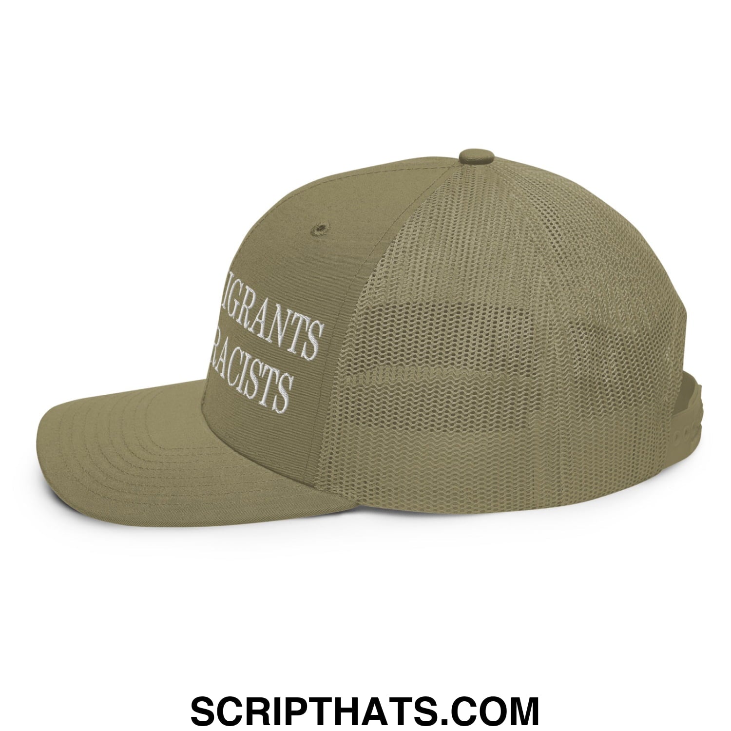Olive green classic mesh trucker hat with white embroidered keep immigrants deport racists text on front panel