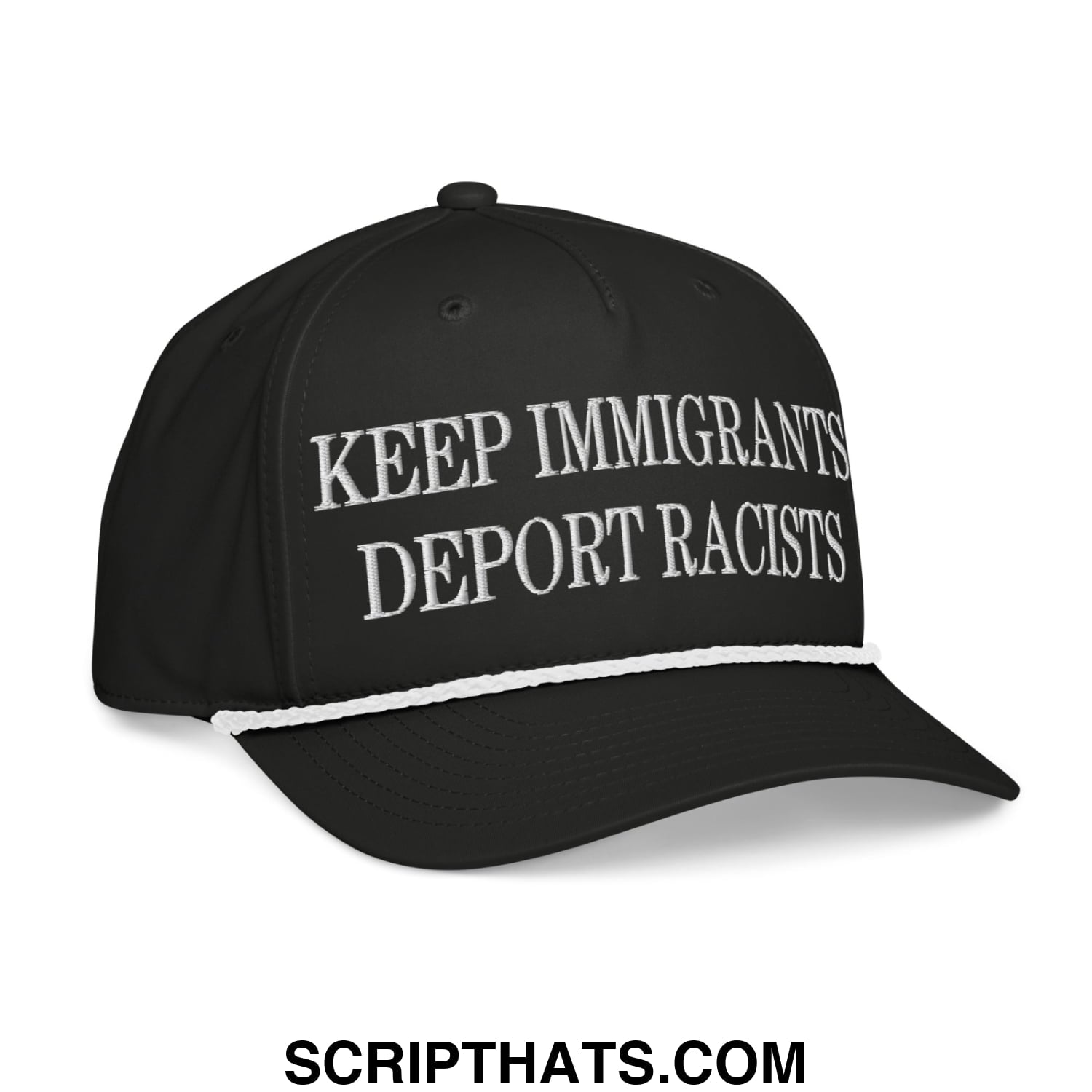 Black baseball cap with keep immigrants deport racists white embroidered text and white stitched brim