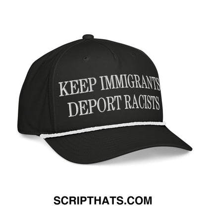 Black baseball cap with keep immigrants deport racists white embroidered text and white stitched brim
