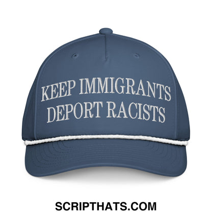 Navy blue baseball cap with white embroidered keep immigrants deport racists text and contrasting white rope trim