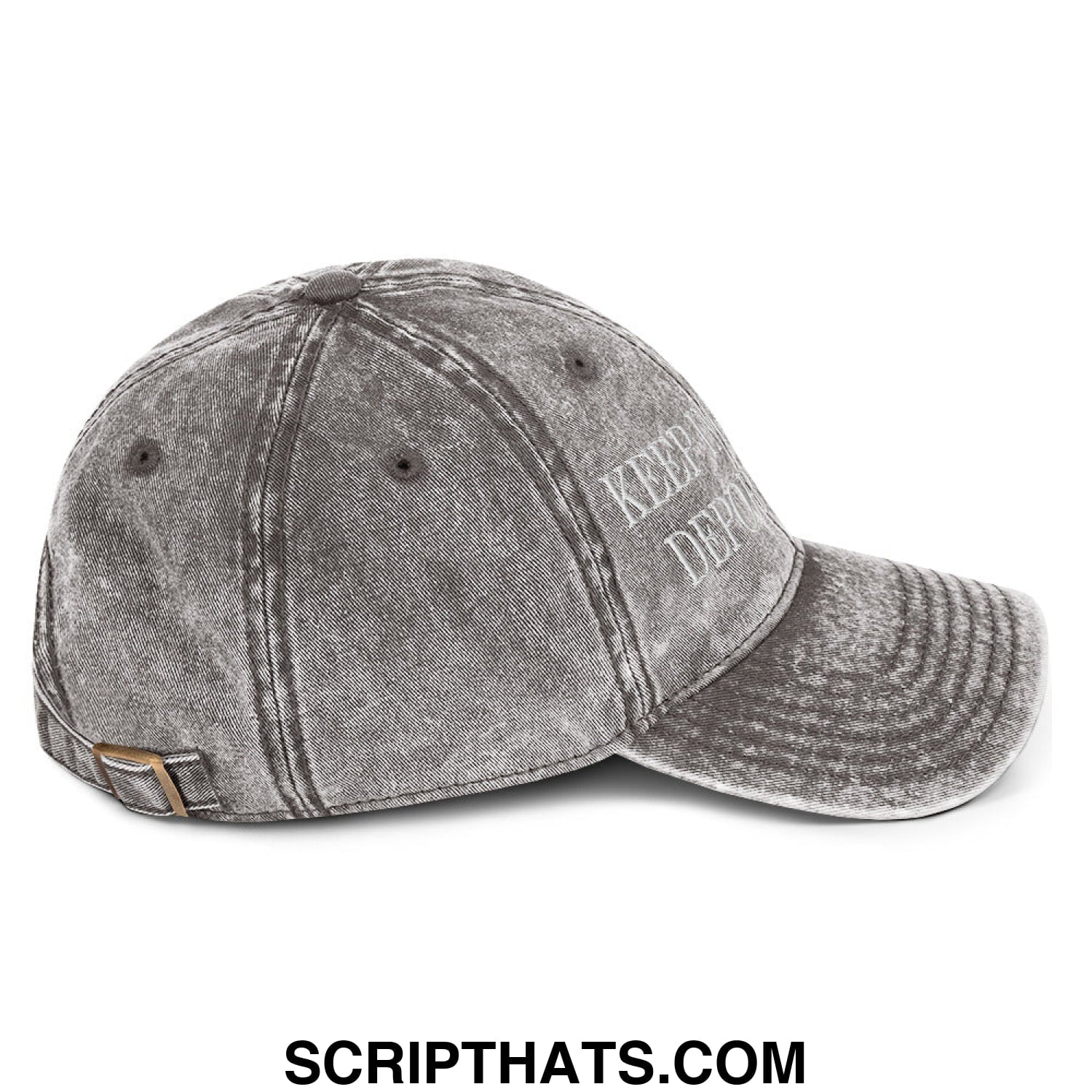 A faded gray denim baseball cap with a stitched brim and embroidered keep immigrants deport racists text on front