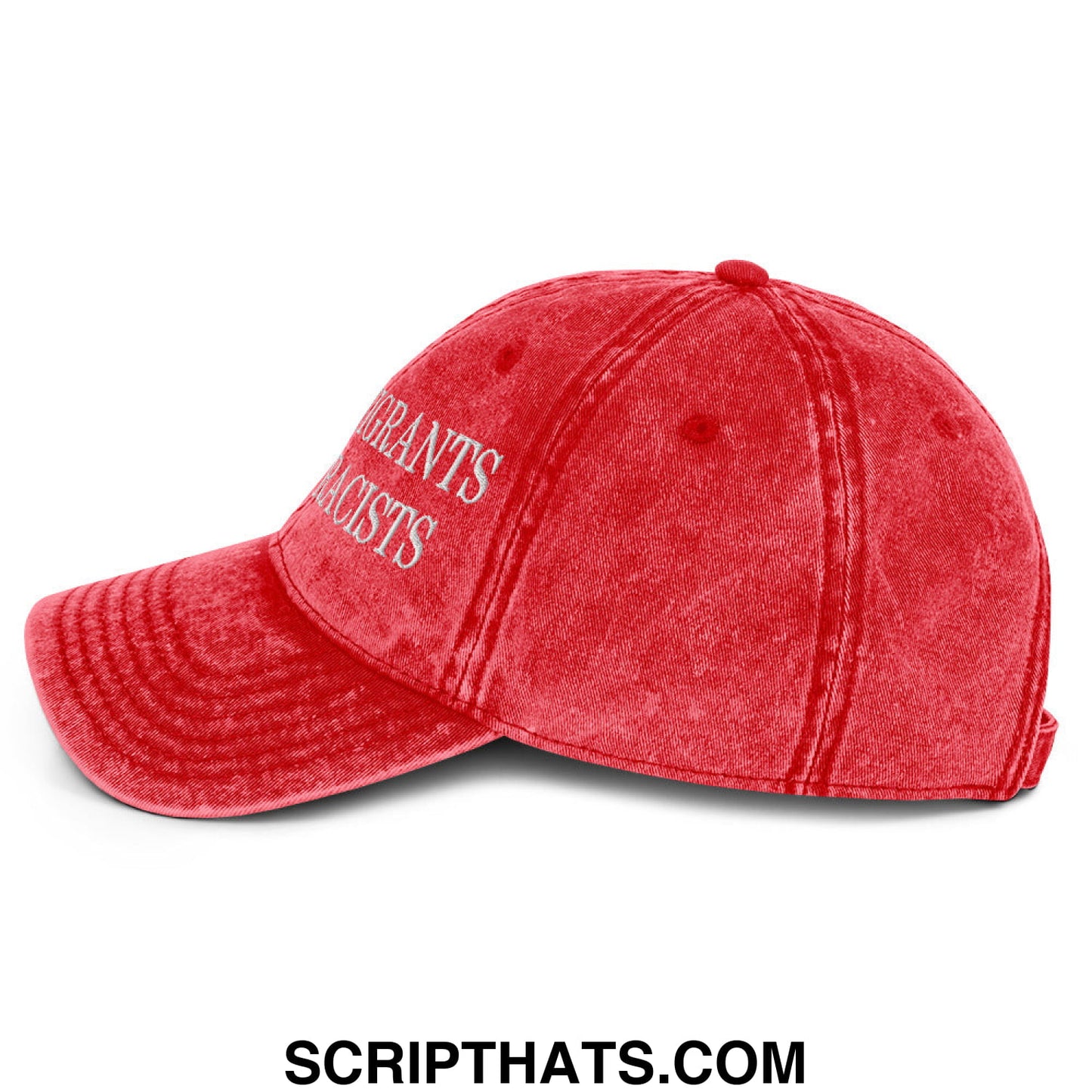 Red distressed denim baseball cap with white embroidered keep immigrants deport racists text on the front