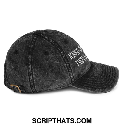 Black distressed denim dad hat with white embroidered keep it depo text for immigrant rights awareness