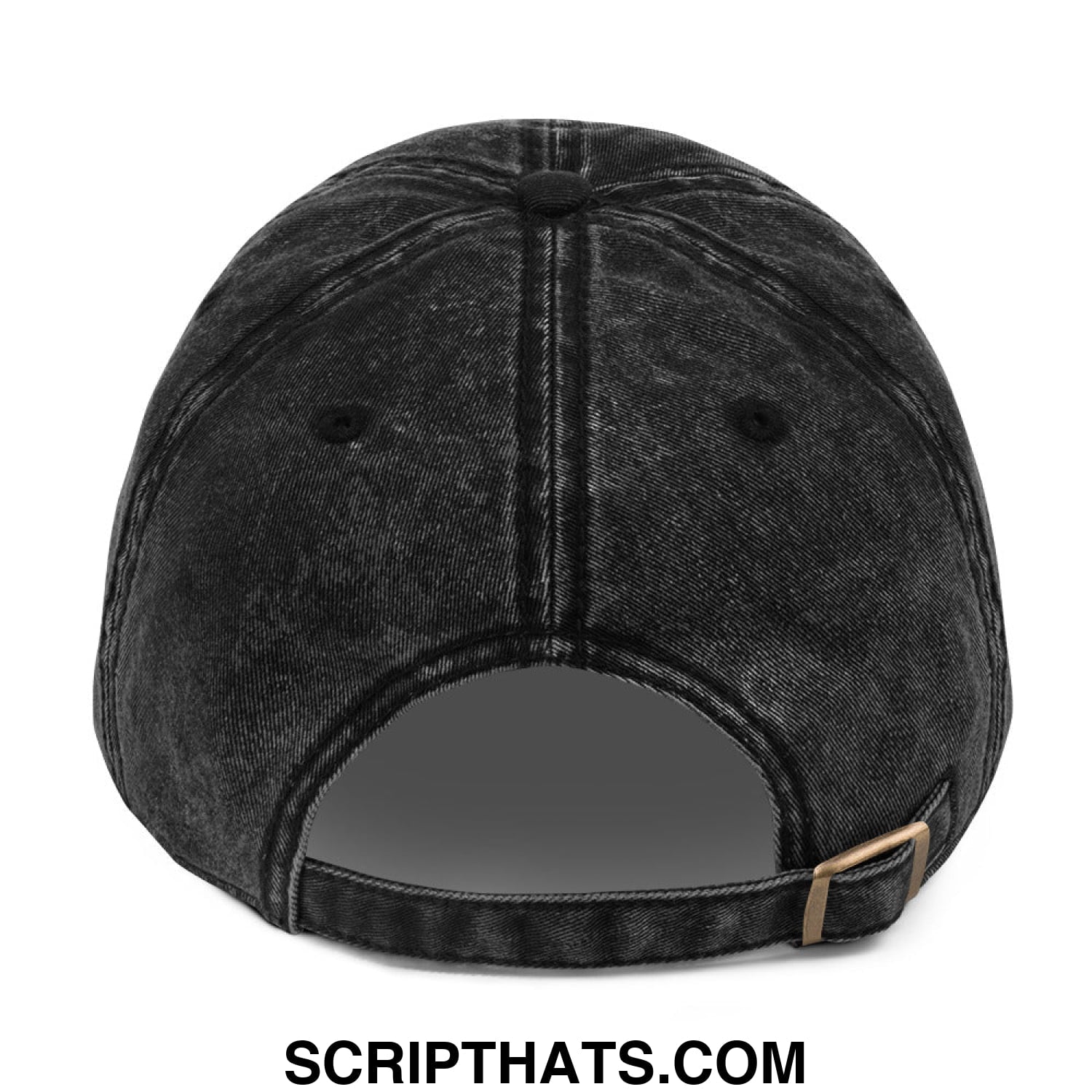 Dark gray distressed denim dad hat with keep immigrants deport racists embroidery and gold buckle on adjustable strap back view