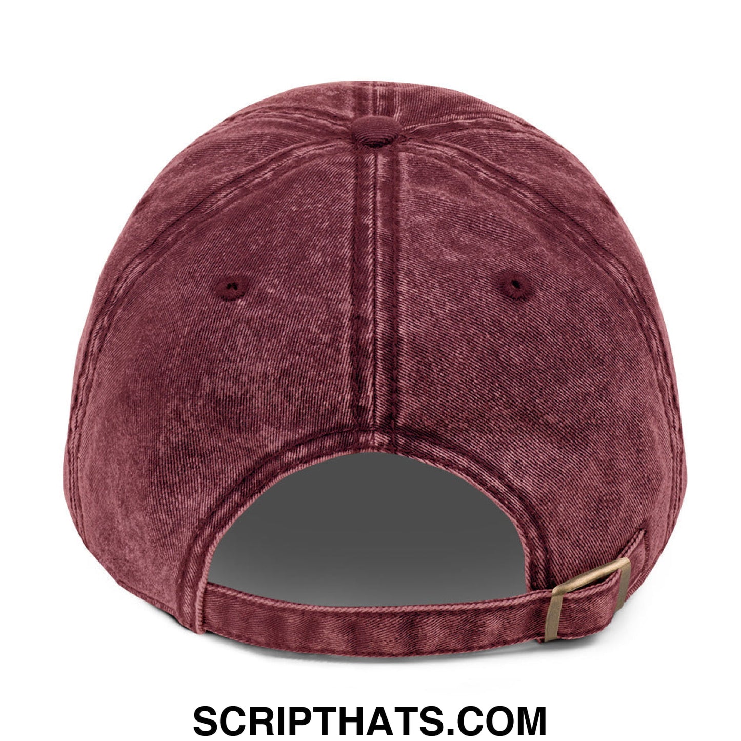 Maroon distressed denim baseball cap with keep immigrants deport racists embroidery and gold-tone buckle back view