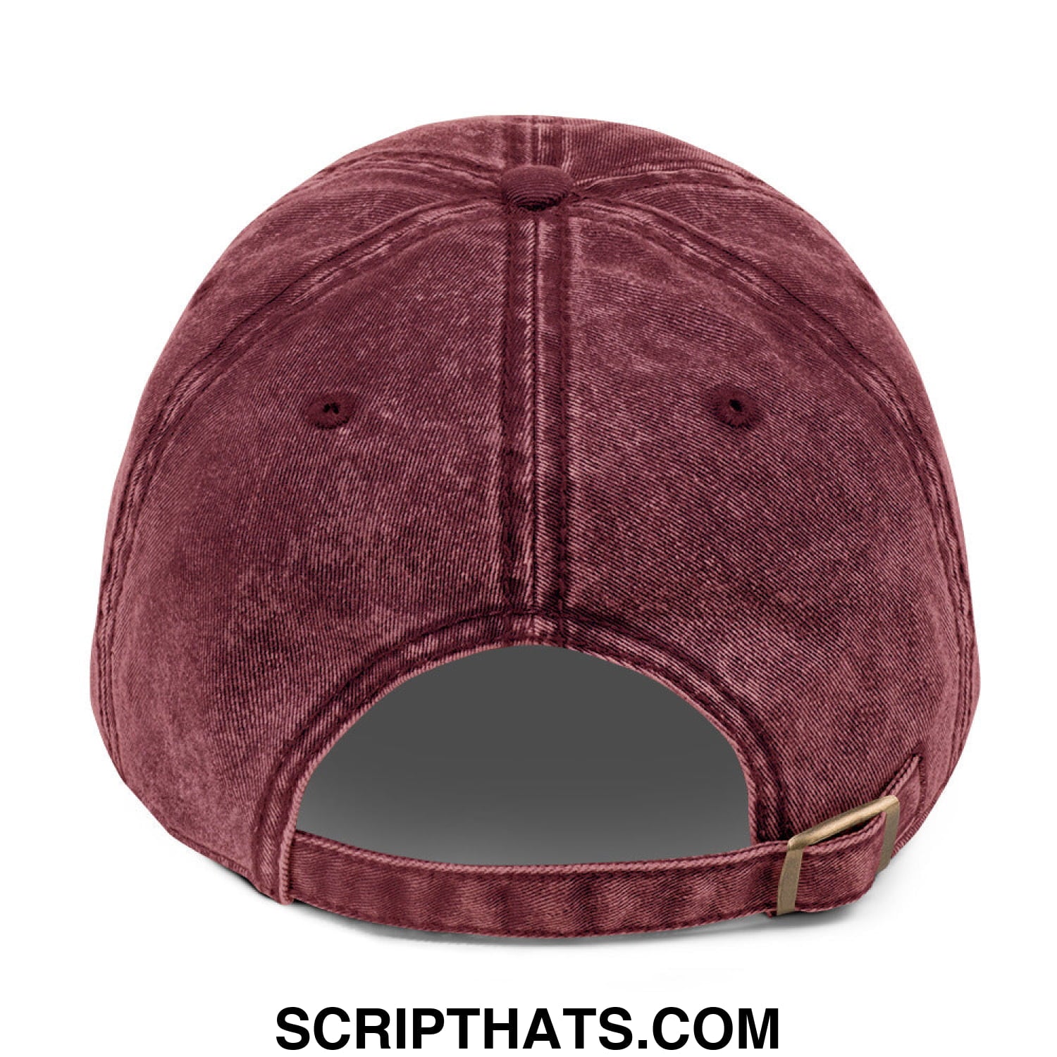 Maroon distressed denim baseball cap with keep immigrants deport racists embroidery and gold-tone buckle back view