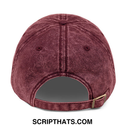 Maroon distressed denim baseball cap with keep immigrants deport racists embroidery and gold-tone buckle back view
