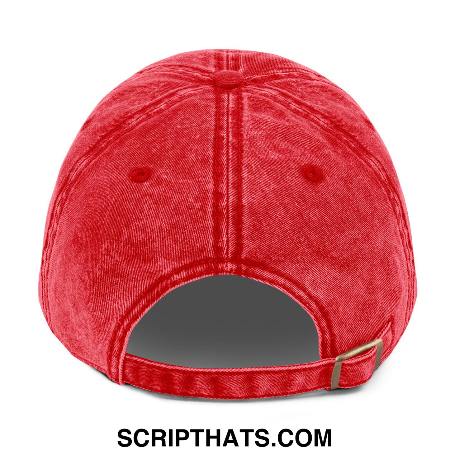 A vibrant red distressed denim dad hat with keep immigrants deport racists embroidery and gold buckle strap shown from the back