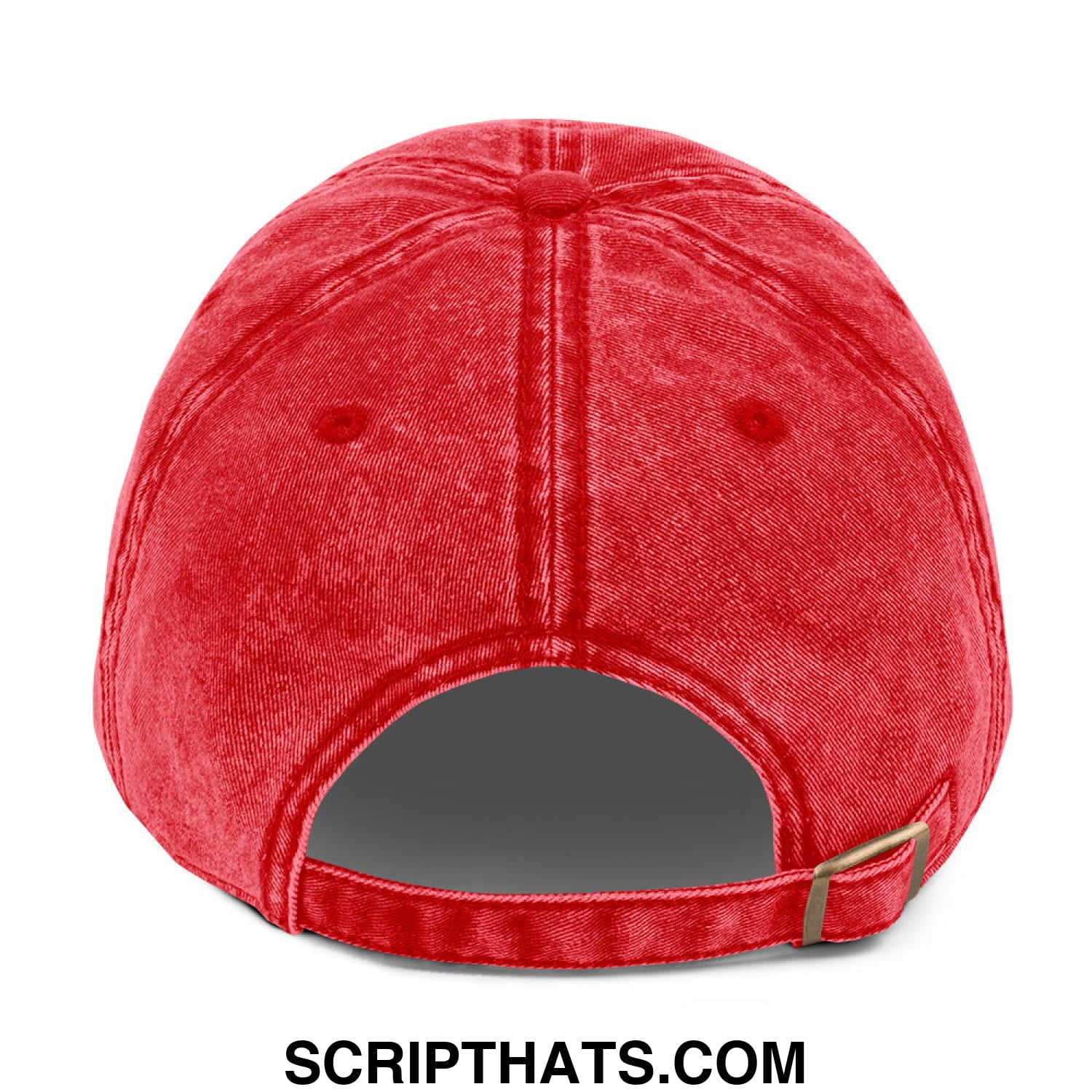 A vibrant red distressed denim dad hat with keep immigrants deport racists embroidery and gold buckle strap shown from the back