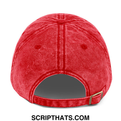 A vibrant red distressed denim dad hat with keep immigrants deport racists embroidery and gold buckle strap shown from the back