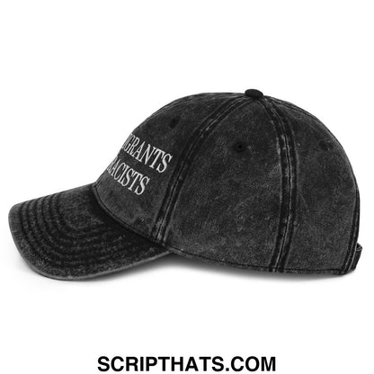 Black distressed denim baseball cap with white embroidered text migrants are not racists from keep immigrants deport racists hat