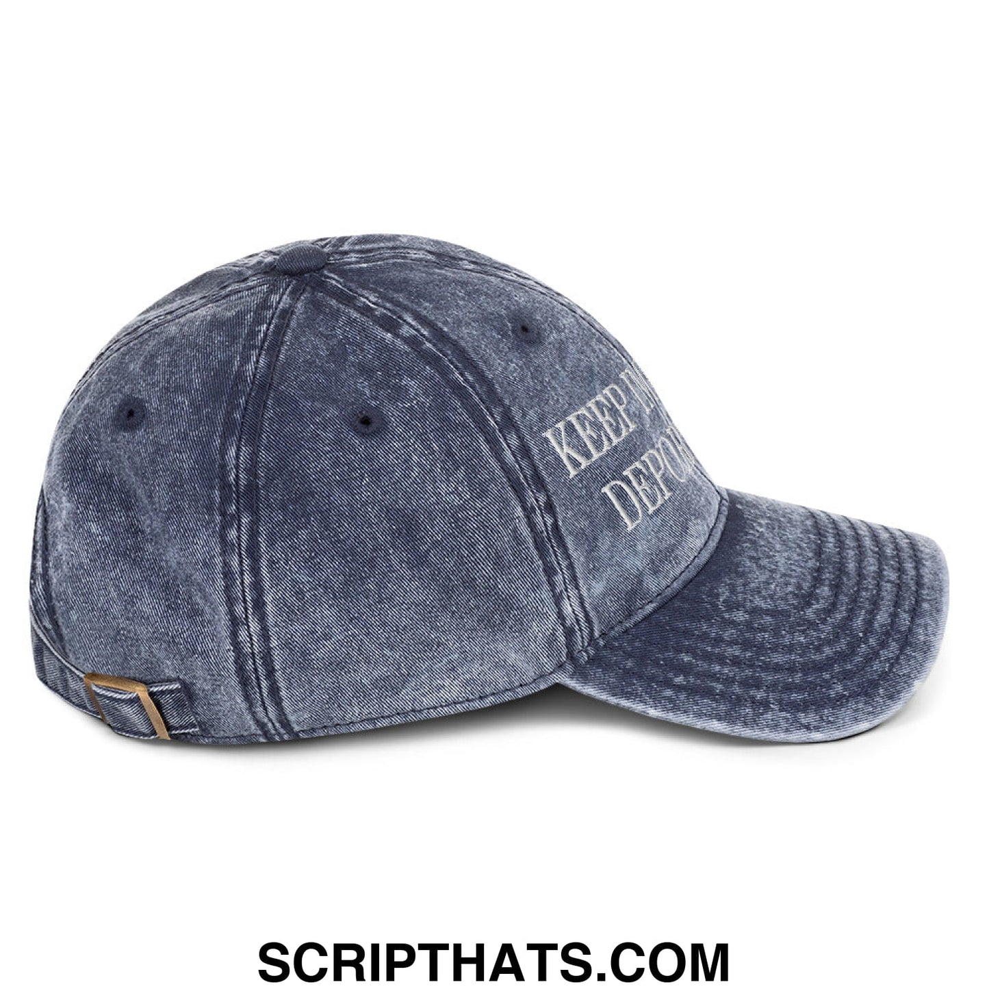 Denim blue vintage-style baseball cap with white keep it depot embroidery and gold-tone buckle on adjustable strap back view