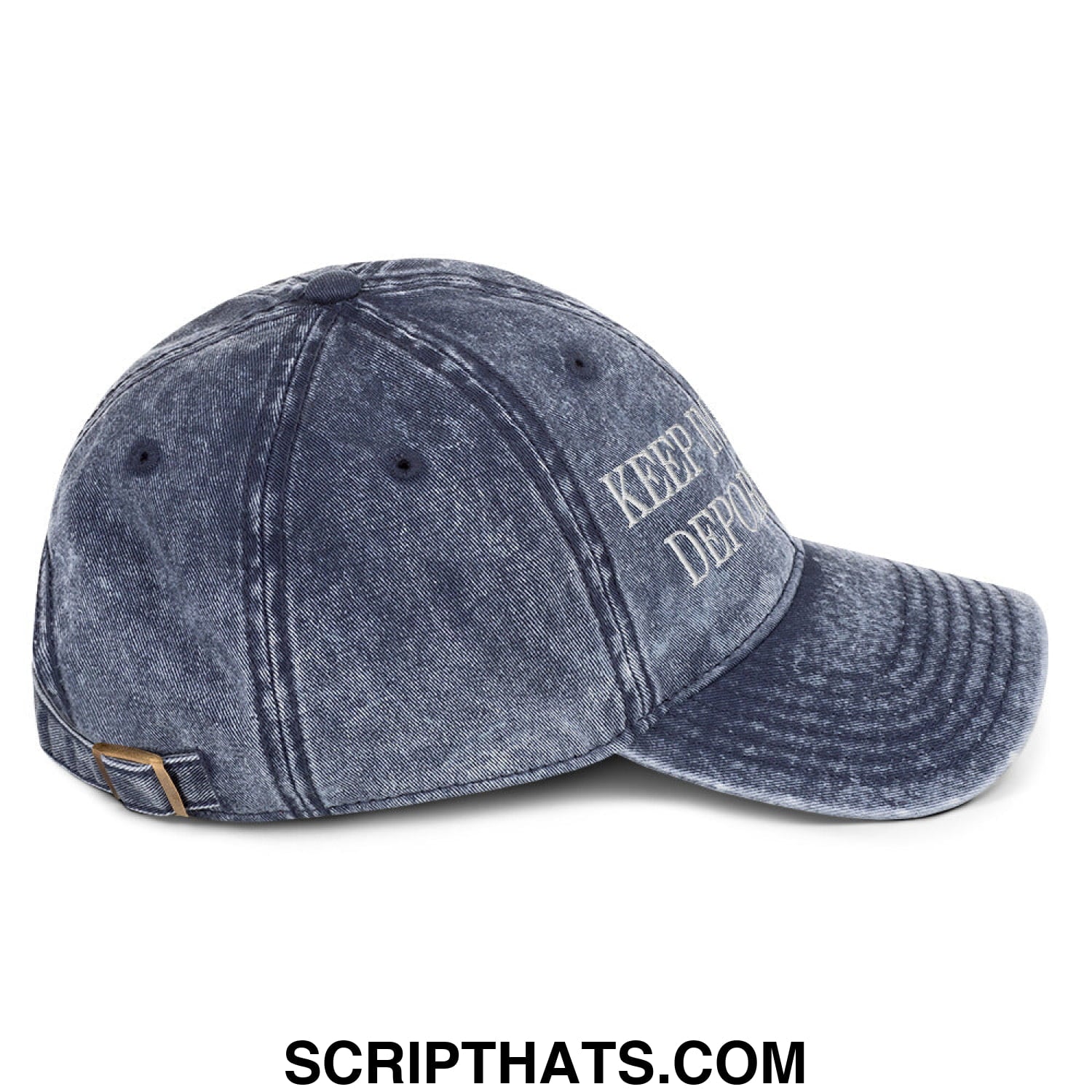 Denim blue vintage-style baseball cap with white keep it depot embroidery and gold-tone buckle on adjustable strap back view