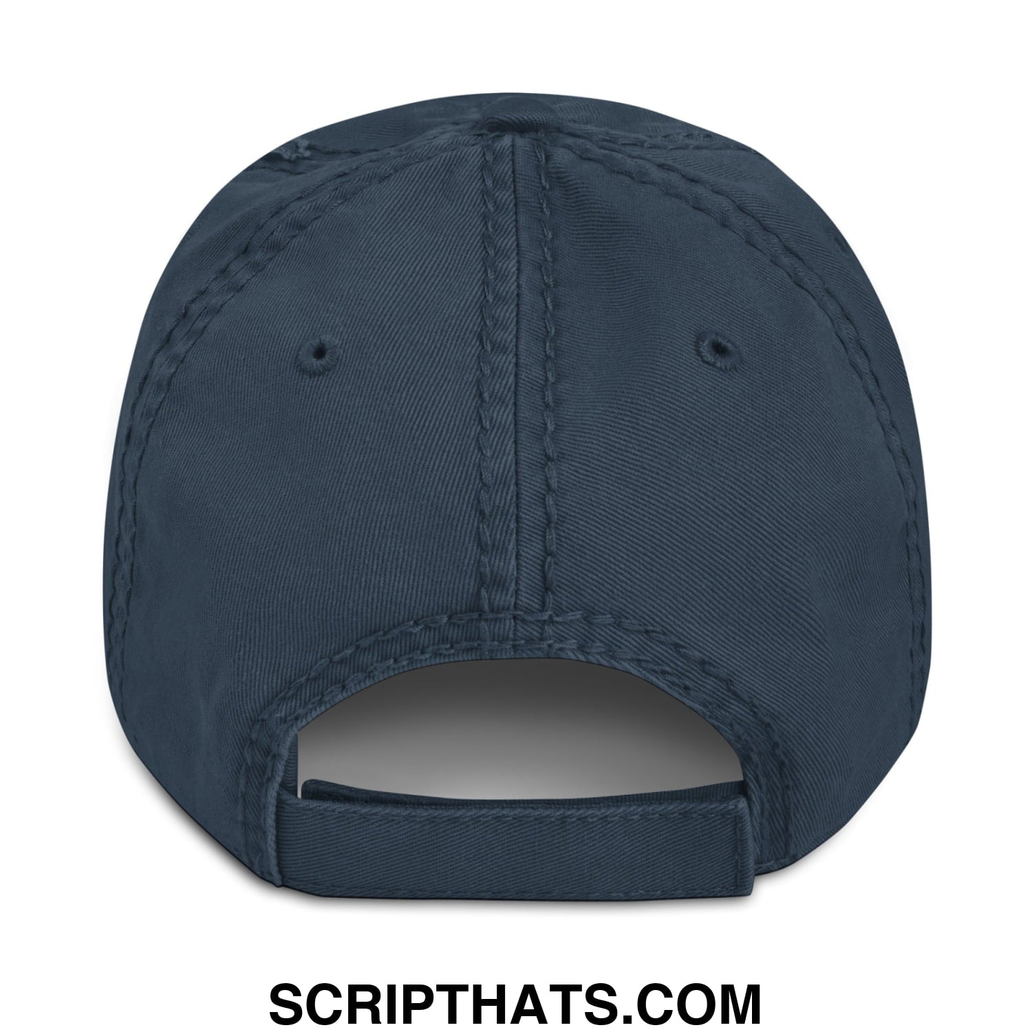 Dark blue denim distressed dad hat with keep immigrants deport racists embroidery and visible stitching fabric strap