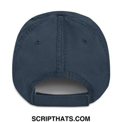 Dark blue denim distressed dad hat with keep immigrants deport racists embroidery and visible stitching fabric strap
