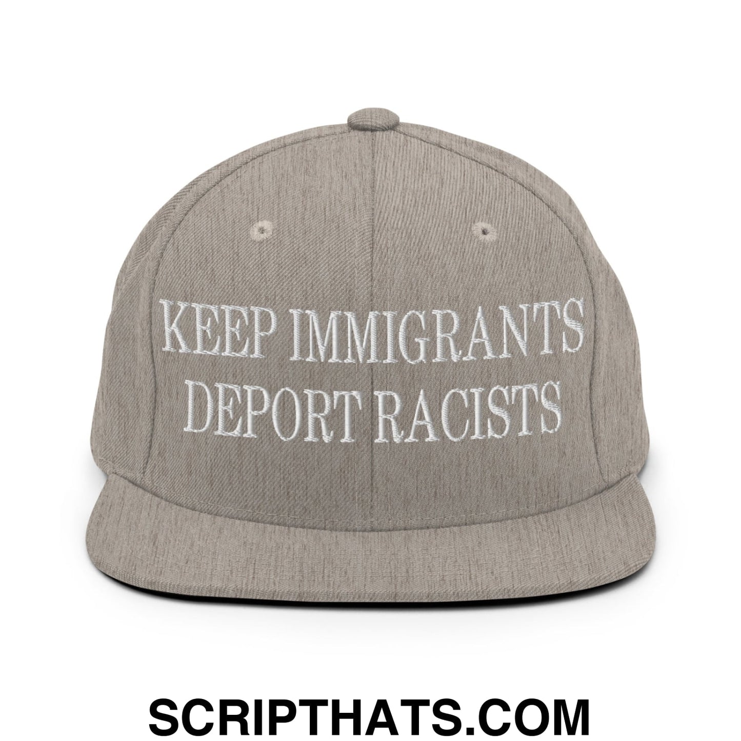 Gray snapback hat with white embroidered keep immigrants deport racists text and flat bill brim for casual wear