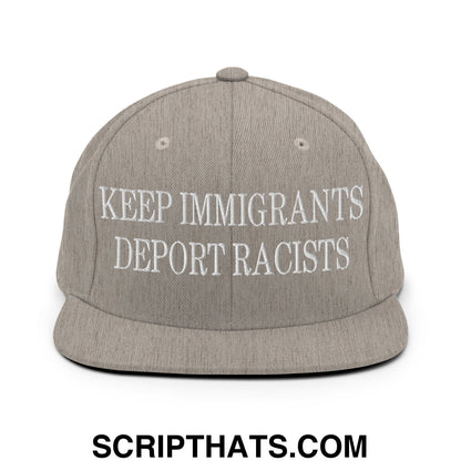 Gray snapback hat with white embroidered keep immigrants deport racists text and flat bill brim for casual wear