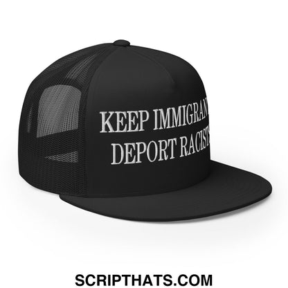 Black snapback hat with white embroidered keep immigrants deport racists text on front flat bill brim trucker style