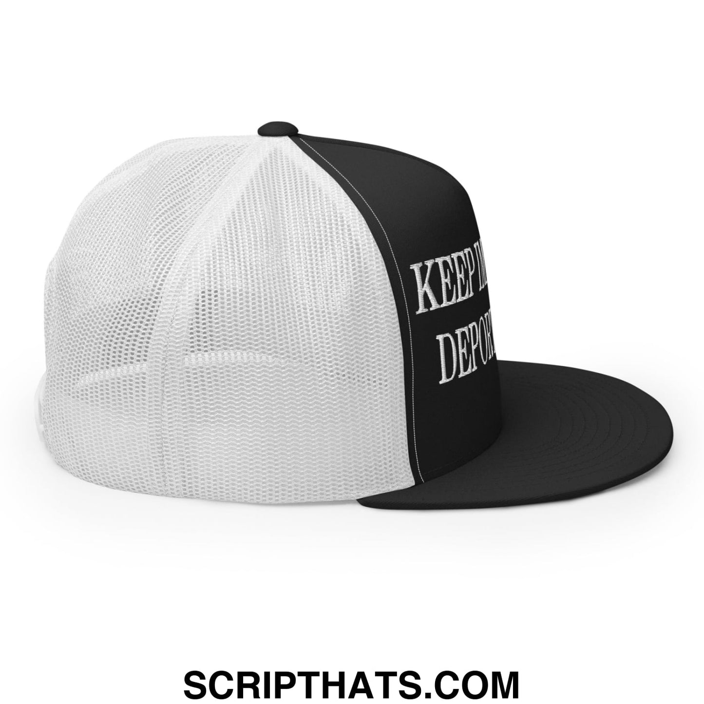 Black and white trucker hat with flat bill brim and embroidered keep immigrants deport racists text on front panel